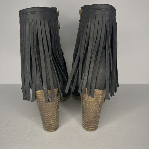Bucco Black Fringe Block Heel Side Zip Booties Size 8 - Picture 5 of 9